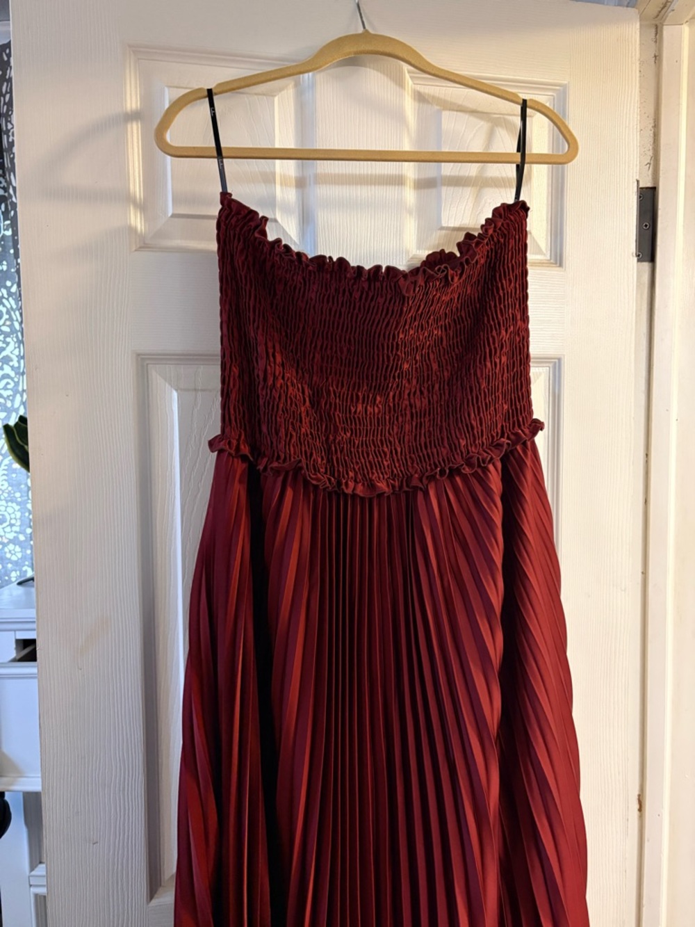 Lulu's Strapless Pleated Maxi Dress in Burgundy